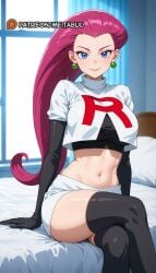 ai_generated bed black_gloves black_shirt black_thighhighs blue_eyes blush breasts closed_mouth crop_top cropped_shirt crossed_legs curtains earrings elbow_gloves female gloves hair_slicked_back indoors jessie_(pokemon) jewelry large_breasts long_hair looking_at_viewer meitabuu midriff miniskirt navel on_bed pillow pokemon pokemon_anime red_hair shirt sitting skirt smile solo stomach team_rocket team_rocket_uniform thigh_boots thighhighs thighs white_skirt window