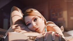 2girls 3d 3d_(artwork) 7evenscrews aroused bed bedroom chloe_price earrings face_against_crotch face_between_thighs face_on_pussy female female_only female_pov hand_on_hip life_is_strange looking_at_viewer lying_on_back lying_on_person morning_light necklace pov pov_eye_contact rachel_amber squeezing_breast touching_breast yuri