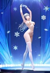 ai_generated ballet breasts closed_eyes female functionally_nude hands_above_head hands_up kotone_montagne long_hair long_hair_female medium_breasts nude nude_female persona persona_5 persona_5:_the_phantom_x posing pussy silver_hair snowflake solo stage tiptoes white_gloves white_stockings