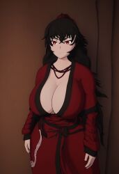 ai_generated big_breasts black_hair cleavage clothing milf raven_branwen red_eyes robe rwby solo