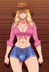 1futa 2d ai_generated anasheya_(style) arms_at_sides blonde_futa blonde_hair blondshell blue_eyes civitai clenched_hand clothed cowboy_hat cowboy_shot denim_shorts front-tie_top futa_only futanari hat human light-skinned_futa light_skin long_hair looking_at_viewer midriff navel pink_shirt plaid plaid_shirt rolled_up_sleeves shirt short_shorts shorts solo thighs tied_shirt