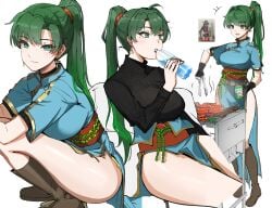 +++ 1girls absurdres black_gloves black_shirt blue_dress boots bottle breasts brown_footwear can closed_mouth cooking dress drink_can earrings female fingerless_gloves fire_emblem fire_emblem:_the_blazing_blade food gloves green_eyes green_hair grill grill_la_grill_(meme) high_ponytail highres holding holding_bottle holding_can holding_tongs jewelry knee_boots large_breasts light_blush long_hair long_sleeves looking_at_viewer lyn_(fire_emblem) meat meme mole mole_under_eye multiple_views nintendo open_mouth ormille pelvic_curtain photo_inset pinky_out plastic_bottle ponytail ribbed_shirt sausage shirt shish_kebab simple_background sitting smile squatting standing thighs tongs turtleneck turtleneck_shirt very_long_hair water_bottle white_background