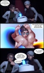 1girls brown_hair cunnilingus foot_focus glasses lustpalace portal portal_sex pussy pussy_licking sci-fi scientist spanish spanish_text story