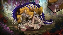 animal_genitalia bird_wyvern black_claws blue_body blue_fur blue_mane bodily_fluids brown_body brown_fur capcom claws cloaca cloacal cloacal_penetration cum cum_in_cloaca cum_inside dragon duo ejaculation erection female feral fur furred_dragon furred_scalie genital_fluids genital_slit genitals hi_res male male/female mane monster_hunter moonski mythological_creature mythological_scalie mythology penetration penis pink_penis scalie seikret white_claws yellow_body yellow_fur