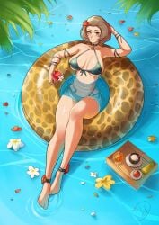 absurdres alternate_costume anklet apple banana bare_shoulders bikini blush breasts brown_eyes brown_hair choker cleavage closed_mouth coconut cup deliciousbrain drinking_straw female fire_emblem fire_emblem:_three_houses floating flower food from_above fruit green_bikini hair_flower hair_ornament hair_slicked_back highres holding holding_cup innertube jewelry large_breasts lipstick looking_at_viewer makeup manuela_casagranda mole mole_under_eye navel nintendo orange_lips palm_tree short_hair sideboob skindentation smile solo stomach swim_ring swimsuit tray tree underboob water