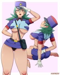 1girls adapted_costume ass big_ass big_breasts big_butt big_thighs big_titties breasts curvaceous curvaceous_female curvaceous_figure curvy curvy_figure curvy_hips female female_focus female_only gloves green_hair green_nails miniskirt nail_polish nintendo nipples officer officer_jenny_(pokemon) pokemon pokemon_trainer police ryuujinart short_hair skimpy skirt toenail_polish underwear