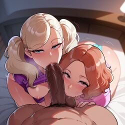 1boy 2girls ai_generated ann_takamaki ass ball_sucking blush collaborative_fellatio dark-skinned_male fellatio female ffm_threesome floox haru_okumura oral oral_sex panties persona persona_5 pov steam teamwork thiccwithaq_(ai_style) threesome