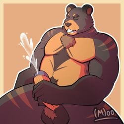 1:1 absurd_res animal_humanoid balls bear bodily_fluids brown_body cum digital_drawing_(artwork) digital_media_(artwork) ejaculation erection fan_character genital_fluids genitals hair hi_res humanoid humanoid_genitalia humanoid_penis male mammal mammal_humanoid masturbation muscular muscular_male nude nude_male penis simple_background solo torito_moo ursid_humanoid