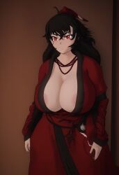 ai_generated big_breasts black_hair clothing milf nipples_visible_through_clothing raven_branwen red_eyes robe rwby