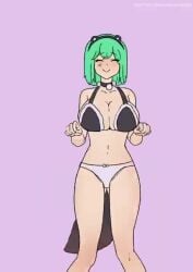1boy1girl animated arejay big_breasts bra breasts_bigger_than_head collar dancing edit edited edited_by_uploader green_eyes green_hair music offering_clothing panties pink_background simple_background skunk_ears skunk_tail sound_warning tagme video