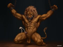 abs accessory anthro artist_name athletic athletic_anthro athletic_male balls bared_teeth biceps bit_gag black_background bodily_fluids chained_arms chained_up chains claws cum cum_string cumshot deltoids ejaculation epic_soul eyebrow_piercing facial_piercing fangs felid finger_claws foreskin fur furgonomics gag genital_fluids genitals glans green_eyes hands-free hi_res humanoid_genitalia humanoid_penis jewelry kneeling kneeling_on_ground lion male mammal mane mid_ejaculation navel nipples pantherine pecs penis piercing pink_glans pink_nose quads restrained_arms retracted_foreskin serratus sharp_teeth simple_background solo solo_male tail tail_accessory tail_bracelet tail_bracelet_only tail_jewelry teeth text toe_claws triceps uncircumcised yellow_body yellow_fur