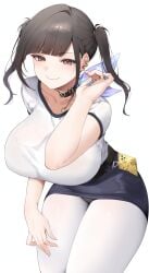 1girl absurdres black_choker black_hair blue_skirt breasts cellphone choker closed_mouth f7k_x5 fang female goddess_of_victory:_nikke highres huge_breasts long_hair panties panty_peek pantyhose pencil_skirt phone red_eyes shirt simple_background skin_fang skirt smile solo sora_(nikke) twintails underwear white_background white_pantyhose white_shirt