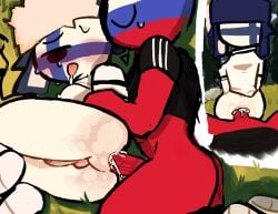 2boys blush boy boy_on_top countryhumans finland_(countryhumans) forest gay_sex make_love male male_only mui121203 red_body red_skin riding riding_penis russia_(countryhumans) sex sweat sweat_on_ass w white_body white_skin