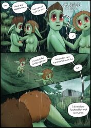 absurd_res black_border border breasts colored comic dialogue digital_drawing_(artwork) digital_media_(artwork) duo english_text female flaccid foreskin forest genitals goblin green_body green_skin greenbuncafe hand_on_shoulder hi_res humanoid male male/female mammal medium_breasts nipples nude penis plant pointy_ears pubes raining red_eyes shaded short_stack signature text tree vulva