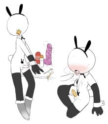 1boy blush blush bunny_boy bunny_ears bunnysuit condom cum_in_condom cum_in_mouth cum_on_body dildo disembodied_penis gay gloves lube lube_bottle lubed_dildo lubed_sex_toy male_only monochromatic_skin naked_thighhighs pubic_tattoo stickman thighhighs tosx used_condom