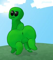 :3 anus ass backsack balls big_butt black_eyes blue_sky bodily_fluids cloud creeper_(minecraft) digital_media_(artwork) erection eyelashes feral foreskin genital_fluids genitals glans green_body hi_res hiked_leg humanoid_genitalia humanoid_penis looking_at_viewer looking_back male microsoft minecraft mojang outside penis pincoosh precum precum_string presenting presenting_hindquarters quadruped raised_leg rear_view signature sky solo sun tail uncircumcised what xbox_game_studios