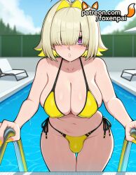 1futa 2025 ai_generated artist_name big_breasts big_chest bikini black_nails blue_sky breasts bulge bust busty chest cleavage day elegg_(nikke) foxenpai futanari goddess_of_victory:_nikke hair_over_one_eye hi_res high_quality high_resolution highres large_breasts nail_polish navel ocean outstretched_arm patreon patreon_username pool pool_ladder poolside purple_eyes short_hair side-tie_bikini sky solo stable_diffusion swimsuit water watermark wet yellow_bikini yellow_swimsuit