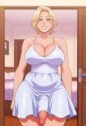 1futa 2d ai_generated anasheya_(style) bare_shoulders bed bedroom blonde_futa blonde_hair blondshell blue_eyes breasts cleavage covered_navel dress futa_only futanari human human_only large_breasts large_penis light-skinned_futa light_skin looking_at_viewer mature_futa short_dress sleeveless sleeveless_dress smile smiling smiling_at_viewer solo standing white_dress wooden_floor