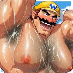 1boy ai_generated armpit_hair armpits arms_behind_head bara biceps big_muscles blue_sky bodily_fluids body_hair brown_hair chest_hair cum cum_on_chest cum_on_face facial_hair gay gloves hat huge_muscles human human_only large_muscles light-skinned_male light_skin male male_only mammal mario_(series) mature mature_male moustache muscles muscular muscular_male nintendo nipples nude nude_male open_mouth outdoors pecs solo solo_focus solo_male upper_body wario white_gloves