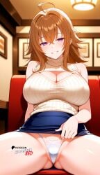 1girls ahoge ai_generated bare_shoulders beige_open-chest_sweater beige_ribbed_sweater beige_sweater big_breasts boosterred99 breasts brown_hair cleavage cleavage_cutout clothing_cutout covered_nipples dark_blue_skirt female female_only hair_between_eyes high_school_dxd huge_breasts illustrious_(stable_diffusion) large_breasts light-skinned_female medium_hair meme_attire naughty_face outdoors pencil_skirt pony_diffusion_xl purple_eyes reach sleeveless solo spread_legs street thighs thong turtleneck venelana_gremory white_thong