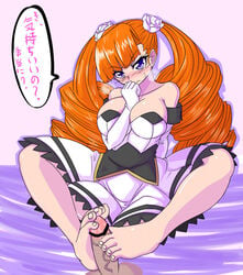 arcana_heart arcana_heart_2 arm_behind_back bare_shoulders barefoot between_toes blush breasts censored dress drill_hair elbow_gloves feet female flower footjob gloves hair_flower hair_ornament heavy_breathing large_breasts long_hair numadaira orange_hair penis petra_johanna_lagerkvist purple_eyes rose solo strapless_dress sweatdrop text toejob toes translated translation_request twin_drills