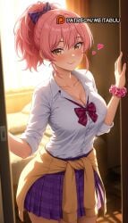 ai_generated backlighting blurry blurry_background blush bow bowtie breasts cardigan cardigan_around_waist cleavage closed_mouth clothes_around_waist collarbone collared_shirt cowboy_shot curtains doorway dress_shirt female gyaru hairbow heart idolmaster idolmaster_cinderella_girls indoors jougasaki_mika kogal large_breasts long_hair looking_at_viewer loose_bowtie meitabuu miniskirt pillow pink_hair plaid plaid_skirt pleated_skirt ponytail pov_doorway purple_bow purple_skirt red_bow red_bowtie school_uniform scrunchie shirt shirt_tucked_in sidelocks skirt sleeves_rolled_up smile solo sunlight sweater sweater_around_waist thighs white_shirt wrist_scrunchie yellow_eyes