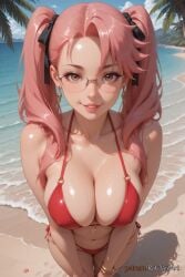 1girls 2025 ai_generated bare_shoulders beach big_breasts bikini black_ribbon bracelet breasts brown_eyes cleavage collarbone covered_nipples day earrings female female_focus female_only glasses hair_ribbon highschool_of_the_dead huge_breasts jewelry large_breasts light-skinned_female lips long_hair looking_at_viewer navel navel_piercing nsfw o-ring ocean outdoors palm_tree parted_lips piercing pink_hair red_bikini ribbon rognezart saya_takagi shiny shiny_skin side-tie_bikini_bottom sky smile solo starfish swimsuit tree twintails wet