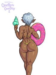 1girls ass ass_focus back back_muscles back_view bikini bikini_bottom bikini_top bracelet colette_belrose dark-skinned_female dark_elf dark_skin earrings elezen elf elf_ears elf_female female female female_focus female_only final_fantasy final_fantasy_xiv glistening_body ice_cream muscles muscular muscular_back muscular_female muscular_legs original_character pinup pointy_ears revealing_clothes satyrsatyr shiny_skin short_hair solo solo_female swim_ring swimming_circle swimming_ring tagme thick_thighs toned toned_back toned_body toned_female toned_legs white_hair yellow_bikini