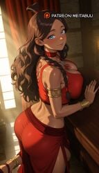 ai_generated armlet ass avatar_the_last_airbender back_tattoo bare_shoulders blue_eyes blush bracelet braid breast_press breasts brown_hair chest_tattoo choker cleavage closed_mouth crop_top curtains dark-skinned_female dark_skin female fire_nation_clothing forehead hair_over_shoulder indoors jewelry katara large_breasts long_hair looking_at_viewer looking_back meitabuu midriff neck_ring necklace nickelodeon parted_bangs patreon_username red_choker red_shirt red_skirt sandals shirt side_slit skirt sleeveless smile solo standing sunlight tattoo thighs topknot wavy_hair window