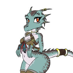 2013 anthro armor belt bottomless bracer breasts chochi choker clothed clothing edit feathers female furgonomics half-dressed horn jewels kobold looking_at_viewer non-mammal_breasts pauldron plain_background pussy red_eyes scalie skimpy solo standing underwear video_games white_background wide_hips