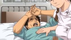 10s 1boy 1girls 2014 animated animated braid breasts censored closed_eyes curvy female female handjob hospital_bed konna_ni_yasashiku_sareta_no large_breasts masturbation nurse nurse_cap open_mouth penis pubic_hair straight tagme twin_braids yukari_fujita