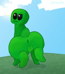 :3 anus ass big_butt black_eyes blue_sky cloud creeper_(minecraft) digital_media_(artwork) eyelashes female feral green_body hi_res hiked_leg looking_at_viewer looking_back microsoft minecraft mojang outside pincoosh presenting presenting_hindquarters pussy quadruped raised_leg rear_view signature sky solo sun tail vulva what xbox_game_studios