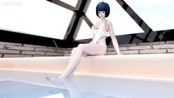 3d 3d_(artwork) ass blue_hair breasts day feet female female_only hairy_pussy looking_at_viewer persona persona_5 pool poolside pubic_hair sitting snowdoll swimsuit tae_takemi thighs