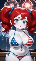 1female 1girls 4th_of_july ai_generated american_flag_bikini arms_behind_back belly_button big_breasts bikini bikini_bottom bikini_top blue_eyes blue_ribbon blush breasts eyelashes female female_focus female_only fireworks fourth_of_july freckles freckles_on_face hair hair_ribbon lips lipstick looking_at_viewer navel night night_sky outside pixai poppy_(poppy_playtime) poppy_playtime red_hair red_lips red_lipstick ribbon ribbons river short_stack shortstack smile smiling smiling_at_viewer thighs twintails twintails urikoito water white_body white_skin
