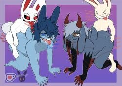 all_fours anal anal_sex anthro ass balls bedroom_eyes big_balls bite biting_lip blackstarv bodily_fluids bovid butt_grab butt_ripples caprine chikn_nuggit closed_eyes deep_skin doggy_style drooling english_text fan_character foursome from_behind_position fucked_silly genitals goat group group_sex hand_on_butt heart_eyes heart_symbol iscream_(chikn_nuggit) lagomorph leporid looking_pleasured male male/male mammal max_(sam_and_max) narrowed_eyes nude open_mouth penetration profanity rabbit rough_sex saliva sam_and_max seductive sex simple_background size_difference slap_(sound_effect) small_dom_big_sub stomach_bulge text tongue tongue_bite