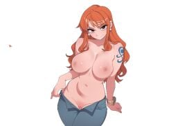 big_breasts breasts jeans nami_(one_piece) nipples one_piece orange_hair tagme tits_out topless