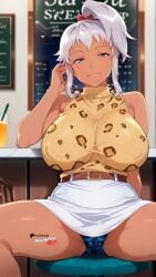 ai_generated akaza_chacha arms_above_head belt blue_eyes boosterred99 breasts dark-skinned_female dark_skin female grey_hair huge_breasts illustrious_(stable_diffusion) leopard_print leopard_print_thong looking_at_viewer maken-ki! outdoors pencil_skirt pony_diffusion_xl ponytail restaurant seductive_smile short_hair skirt sleeveless spread_legs standing street sweater turtleneck turtleneck_sweater white_shirt