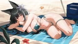 absurdres alternate_costume animal_ears artist_request beach beach_towel bikini black_hair blush bracelet breasts closed_mouth female flower fox_ears full_body green_bikini hair_flower hair_ornament highleg highleg_bikini highres hoshimi_miyabi jewelry large_breasts long_hair looking_at_viewer lying navel on_side red_eyes side-tie_bikini_bottom skindentation solo stomach swimsuit thigh_strap thighs towel zenless_zone_zero