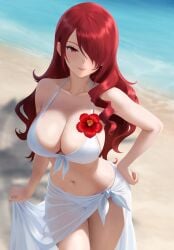beach bikini blush breasts cleavage closed_mouth collarbone commentary cowboy_shot day english_commentary female flower front-tie_bikini_top front-tie_top hair_over_one_eye hand_on_own_hip highres large_breasts lips long_hair looking_at_viewer mikan_zakuro mitsuru_kirijo navel official_alternate_costume outdoors persona persona_3 red_eyes red_flower red_hair shadow smile solo stomach swimsuit thighs very_long_hair white_bikini