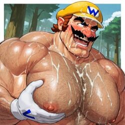 1boy ai_generated arm_hair bara biceps big_muscles bodily_fluids body_hair brown_hair chest_hair cum cum_on_chest cum_on_face facial_hair gay gloves hairy_male hand_on_pecs hat human human_only large_muscles light-skinned_male light_skin male male_nipples male_only mammal mario_(series) mature mature_male moustache muscles muscular muscular_male nintendo nipples nude nude_male open_mouth outdoors pecs solo solo_focus solo_male trees upper_body wario white_gloves yellow_hat