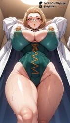 ai_generated arms_behind_head arms_up blonde_hair blush breasts brown_hair choker cleavage coat covered_nipples curvy eyeshadow female fire_emblem fire_emblem:_three_houses fire_emblem_heroes forehead from_below fur_trim glasses green_leotard hair_slicked_back highleg highleg_leotard huge_breasts indoors lab_coat large_breasts leotard lips lipstick looking_at_viewer looking_down makeup manuela_casagranda mature_female mole mole_under_eye mykibuu open_coat parted_lips plump red_lips round_eyewear short_hair solo standing sweat thick_thighs thighs wet white_coat wide_hips yellow_eyes