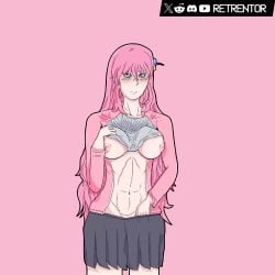blue_eyes bocchi_the_rock! pink_hair pulled_by_self pulling_clothing showing_breasts