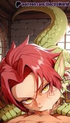 1boy 1girls 2025 ai_generated artist_name blowjob blowjob_face brick_wall dragon_girl electroworld fellatio female granberia hi_res high_quality high_resolution highres licking mon-musu_quest! monster_girl monster_girl_quest oral oral_sex patreon patreon_username pov red_hair scales stable_diffusion stone_wall straight sucking sweat tattoo tongue tongue_out watermark yellow_eyes