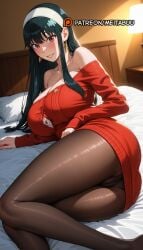 ai_generated ass bare_shoulders bed bed_sheet black_hair black_pantyhose blush bra_peek breasts brown_pantyhose bursting_breasts button_gap cameltoe cleavage collarbone dress earrings female gold_earrings grin hairband indoors jewelry lamp large_breasts long_hair long_sleeves looking_at_viewer lying meitabuu off-shoulder_dress off-shoulder_sweater off_shoulder on_bed on_side panties panties_under_pantyhose pantyhose parted_lips patreon_username pillow red_eyes red_sweater sidelocks smile solo spy_x_family sweater sweater_dress taut_clothes thighs underwear white_hairband yor_briar yor_forger