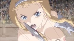 angry armor armored_female blonde_hair blue_eyes braid braided_hair breasts diadem female female_focus headband leina nipples public_nudity queen's_blade screencap sword
