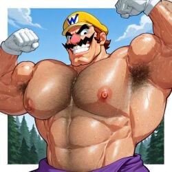 1boy abs ai_generated arm_hair armpit armpit_hair bara biceps big_muscles blue_sky body_hair brown_hair chest_hair clothing facial_hair flexing_bicep gloves grin hat huge_muscles human human_only large_muscles light-skinned_male light_skin looking_at_viewer male male_nipples male_only manly mario_(series) mature mature_male moustache muscles muscular muscular_male nintendo nipples no_shirt outdoors overalls pecs purple_overalls shirtless shirtless_male solo solo_focus solo_male sweat sweating teeth trees upper_body wario white_gloves yellow_hat