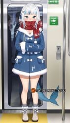 ai_generated alternate_breast_size alternate_costume blue_coat blue_eyes blue_hair blue_nails blunt_bangs blush boots breasts cleavage coat covered_mouth crossed_arms cum cum_on_clothes female fins fish_tail full_body fur_trim gawr_gura grey_hair grey_socks hair_ornament hololive hololive_english hololive_myth large_breasts long_hair long_sleeves looking_at_viewer meitabuu multicolored_hair multiple_boys red_scarf scarf scarf_over_mouth shark_girl shark_hair_ornament shark_tail sharp_teeth socks solo_focus standing streaked_hair tail train_interior two-tone_hair two_side_up virtual_youtuber white_footwear x_hair_ornament