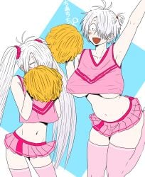 2girls age_difference big_breasts blush cheerleader cheerleader_uniform crop_top cute_fang dual_persona embarrassed female female_only gegege_no_kitarou genderswap_(mtf) hair_over_one_eye kitarou_tanjou_gegege_no_nazo long_hair looking_at_viewer medama_oyaji_(human) miniskirt no_bra pale-skinned_female pale_skin pleated_skirt pom_poms rule_63 short_hair shy smile thick_thighs thighhighs twintails underboob white_hair zettai_ryouiki
