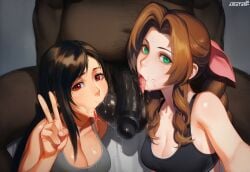 aerith_gainsborough ai_generated aigatari blacked cuckold dark-skinned_male fat_male fellatio final_fantasy final_fantasy_vii interracial netorare netorase nsfw ntr oral sports_bra sweat tifa_lockhart underwear very_dark_skin wide_hips