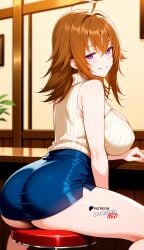 ahoge ai_generated ass bare_shoulders beige_open-chest_sweater beige_ribbed_sweater beige_sweater boosterred99 brown_hair cleavage cleavage_cutout clothing_cutout covered_nipples dark_blue_skirt from_behind from_behind_position full_body hair_between_eyes heels high_heels high_school_dxd illustrious_(stable_diffusion) large_breasts legs medium_hair meme_attire naughty_face outdoors pencil_skirt pony_diffusion_xl purple_eyes reach sitting sleeveless street thighs turtleneck venelana_gremory